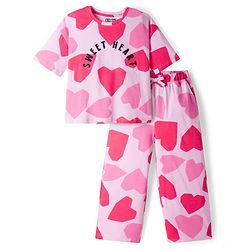 Pine Kids 100% Cotton Bio Washed Half Sleeves Hearts Printed T-Shirt & Pyjama Co-Ord Night Suit - Pink