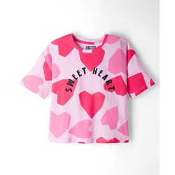 Pine Kids 100% Cotton Bio Washed Half Sleeves Hearts Printed T-Shirt & Pyjama Co-Ord Night Suit - Pink
