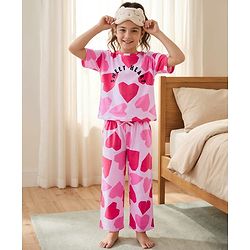 Pine Kids 100% Cotton Bio Washed Half Sleeves Hearts Printed T-Shirt & Pyjama Co-Ord Night Suit - Pink