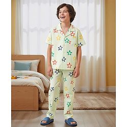 Pine Kids Single Jersey Knit Half Sleeves Shirt & Pyjama Co-ord Night Suit With Star Print - Sea Green