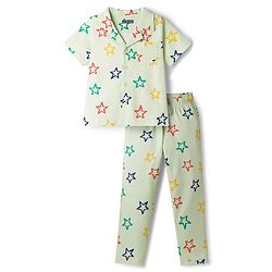 Pine Kids Single Jersey Knit Half Sleeves Shirt & Pyjama Co-ord Night Suit With Star Print - Sea Green
