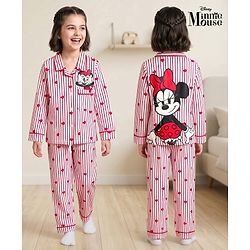 Pine Kids Disney 100% Cotton Knit Full Sleeves Front Open Co-Ords Shirt & Pyjama Night Suit With Front & Back Minnie Mouse Graphics - Red