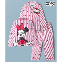 Pine Kids Disney 100% Cotton Knit Full Sleeves Front Open Co-Ords Shirt & Pyjama Night Suit With Front & Back Minnie Mouse Graphics - Red