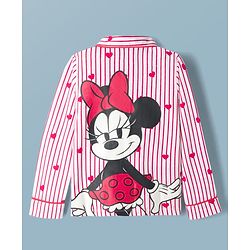 Pine Kids Disney 100% Cotton Knit Full Sleeves Front Open Co-Ords Shirt & Pyjama Night Suit With Front & Back Minnie Mouse Graphics - Red