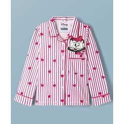 Pine Kids Disney 100% Cotton Knit Full Sleeves Front Open Co-Ords Shirt & Pyjama Night Suit With Front & Back Minnie Mouse Graphics - Red