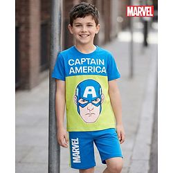 Pine Kids Marvel Single Jersey Knit Half Sleeves T-Shirt & Short Set With Captain America Print - Blue