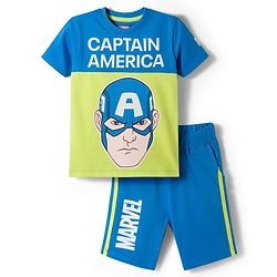 Pine Kids Marvel Single Jersey Knit Half Sleeves T-Shirt & Short Set With Captain America Print - Blue