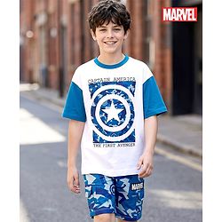 Pine Kids Marvel Single Jersey Knit Drop Shoulder Half Sleeves T-Shirt & Shorts Set With Avengers Graphics & Camouflage Detailing - Multicolor