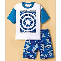 Pine Kids Marvel Single Jersey Knit Drop Shoulder Half Sleeves T-Shirt & Shorts Set With Avengers Graphics & Camouflage Detailing - Multicolor