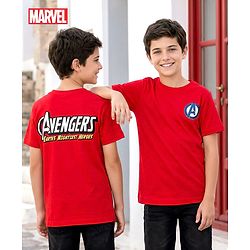 Pine Kids Marvel Single Jersey Knit Half Sleeves T-Shirt With Avengers Graphics & Badge Detailing - Red