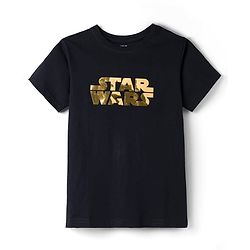 Pine Kids Lucas Single Jersey Knit Drop Shoulder Half Sleeves T-Shirt with Star Wars Gold Foil Detailing - Black