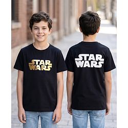 Pine Kids Lucas Single Jersey Knit Drop Shoulder Half Sleeves T-Shirt with Star Wars Gold Foil Detailing - Black