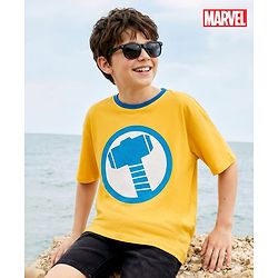 Pine Kids Marvel Terry Knit Half Sleeves Drop Shoulder T-Shirt With Thor Print & Gold Foil Detailing - Yellow