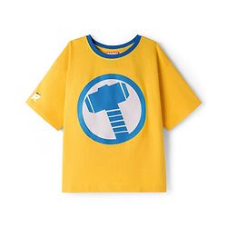 Pine Kids Marvel Terry Knit Half Sleeves Drop Shoulder T-Shirt With Thor Print & Gold Foil Detailing - Yellow
