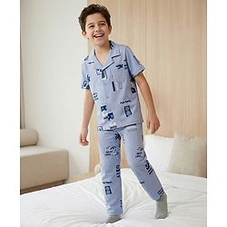 Pine Kids Single Jersey Knit Half Sleeves Shirt & Pyjama Co-ord Night Suit With Beach Theme Print - Blue