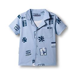 Pine Kids Single Jersey Knit Half Sleeves Shirt & Pyjama Co-ord Night Suit With Beach Theme Print - Blue