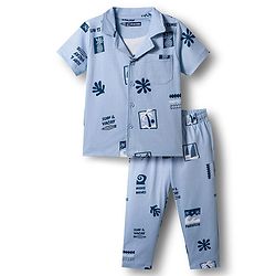 Pine Kids Single Jersey Knit Half Sleeves Shirt & Pyjama Co-ord Night Suit With Beach Theme Print - Blue