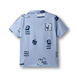 Pine Kids Single Jersey Knit Half Sleeves Shirt & Pyjama Co-ord Night Suit With Beach Theme Print - Blue