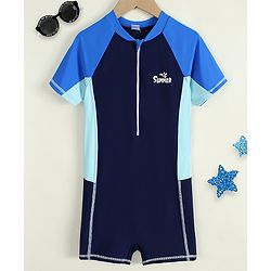 Pine Active Half Raglan Sleeves Text Printed Cut & Sew Legged Swimsuit - Navy Blue