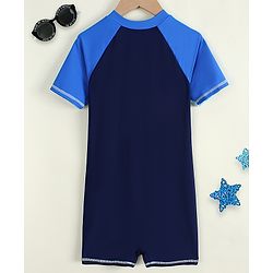 Pine Active Half Raglan Sleeves Text Printed Cut & Sew Legged Swimsuit - Navy Blue