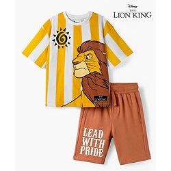 Pine Kids Disney Single Jersey Knit Drop Shoulder Half Sleeves Striped Oversized T-Shirt & Shorts Set with Lion King Graphic - Multicolor
