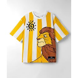 Pine Kids Disney Single Jersey Knit Drop Shoulder Half Sleeves Striped Oversized T-Shirt & Shorts Set with Lion King Graphic - Multicolor