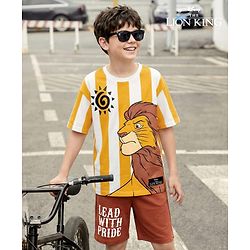 Pine Kids Disney Single Jersey Knit Drop Shoulder Half Sleeves Striped Oversized T-Shirt & Shorts Set with Lion King Graphic - Multicolor