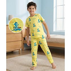 Pine Kids Single Jersey Knit Half Sleeves Co-ords Night Suit With Shark Print - Yellow