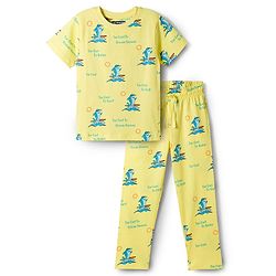 Pine Kids Single Jersey Knit Half Sleeves Co-ords Night Suit With Shark Print - Yellow