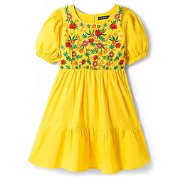 Pine Kids Cotton Woven Half Sleeves Frock with Floral Embroidery - Yellow