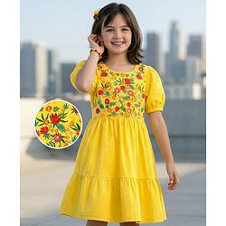 Pine Kids Cotton Woven Half Sleeves Frock with Floral Embroidery - Yellow