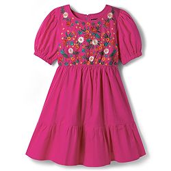 Pine Kids Cotton Woven Half Sleeves Frock with Floral Embroidery - Yellow
