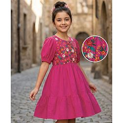 Pine Kids Cotton Woven Half Sleeves Frock with Floral Embroidery - Yellow