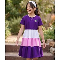 Pine Kids Cotton Knit Half Sleeves Tiered Frock with Floral Embroidery - Purple