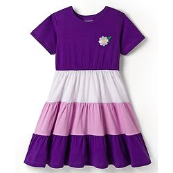 Pine Kids Cotton Knit Half Sleeves Tiered Frock with Floral Embroidery - Purple