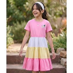 Pine Kids Cotton Knit Half Sleeves Tiered Frock with Floral Embroidery - Purple