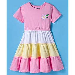 Pine Kids Cotton Knit Half Sleeves Tiered Frock with Floral Embroidery - Purple