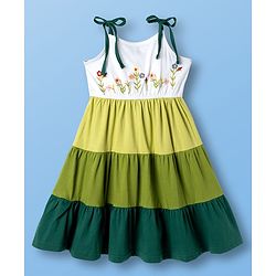 Pine Kids Cotton Knit Sleeveless Tiered Frock with Floral Embroidery - Multicolor