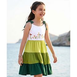 Pine Kids Cotton Knit Sleeveless Tiered Frock with Floral Embroidery - Multicolor