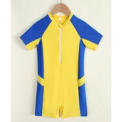 Pine Active Raglan Half Sleeves Solid Legged Swimsuit - Yellow