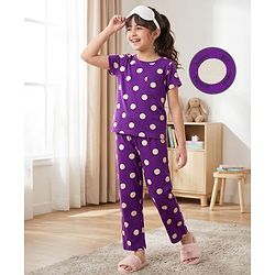 Pine Kids Single Jersey Knit Half Sleeves Co-ords Top & Pajama Night Suit with Polka Dot Print - Purple