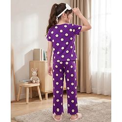 Pine Kids Single Jersey Knit Half Sleeves Co-ords Top & Pajama Night Suit with Polka Dot Print - Purple