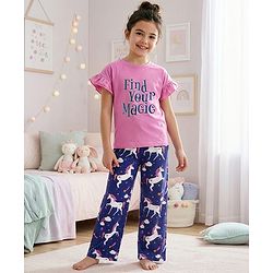 Pine Kids Single Jersey Knit Frill Sleeves Top & Pajama Night Suit With Unicorn Print - Purple
