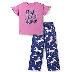 Pine Kids Single Jersey Knit Frill Sleeves Top & Pajama Night Suit With Unicorn Print - Purple