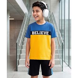 Pine Kids Single Jersey Knit Half Sleeves T-Shirt & Shorts Set with Believe Print - Blue Yellow & Black