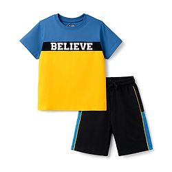 Pine Kids Single Jersey Knit Half Sleeves T-Shirt & Shorts Set with Believe Print - Blue Yellow & Black