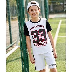 Pine Kids Single Jersey Knit Half Sleeves Numerical & Text Printed T-Shirt & Shorts Set - White