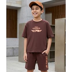 Pine Kids Single Jersey Knit Drop Half Sleeves T-Shirt & Shorts Set with Game Print - Brown