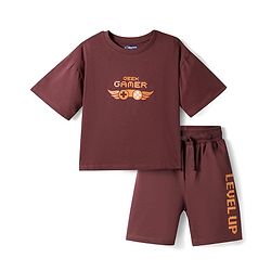 Pine Kids Single Jersey Knit Drop Half Sleeves T-Shirt & Shorts Set with Game Print - Brown