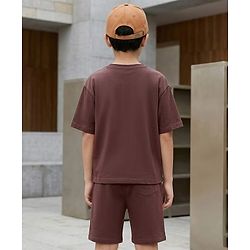 Pine Kids Single Jersey Knit Drop Half Sleeves T-Shirt & Shorts Set with Game Print - Brown